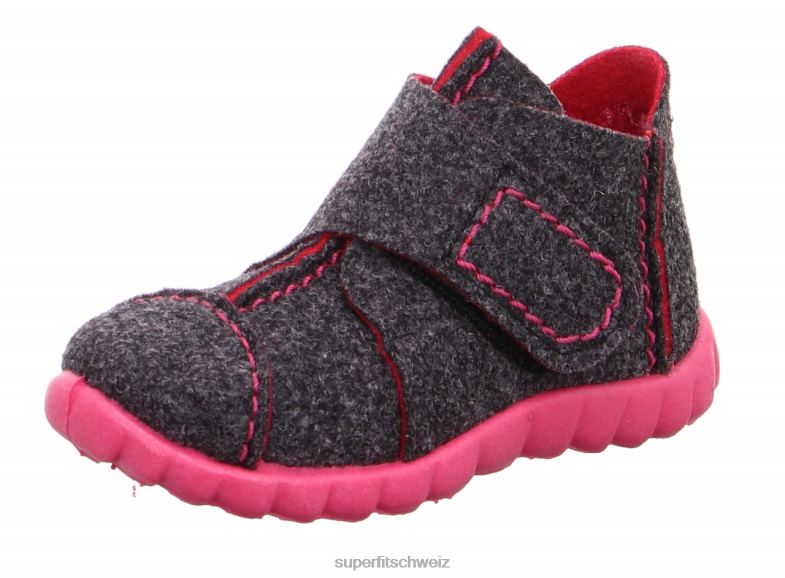 Babys Hausschuhe 44B2D127 Superfit happy - Slipper mit Klettverschluss grau/rosa