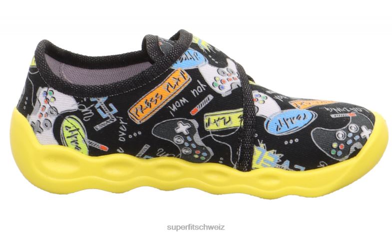 Babys Hausschuhe 44B2D26 Superfit bubble - Slipper mit Klettverschluss schwarz/mehrfarbig
