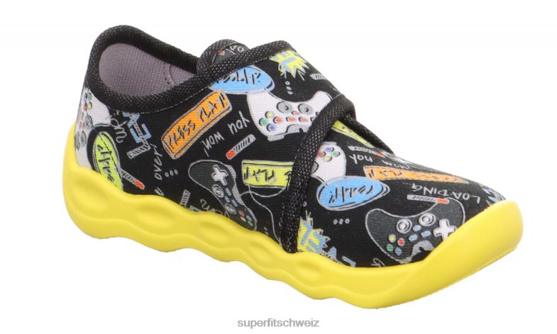 Babys Hausschuhe 44B2D26 Superfit bubble - Slipper mit Klettverschluss schwarz/mehrfarbig