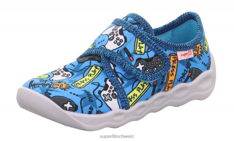 Babys Hausschuhe 44B2D27 Superfit bubble - Slipper mit Klettverschluss türkis/mehrfarbig
