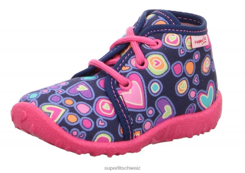Babys Hausschuhe 44B2D32 Superfit spotty - Slipper mit Schnürung blau/mehrfarbig