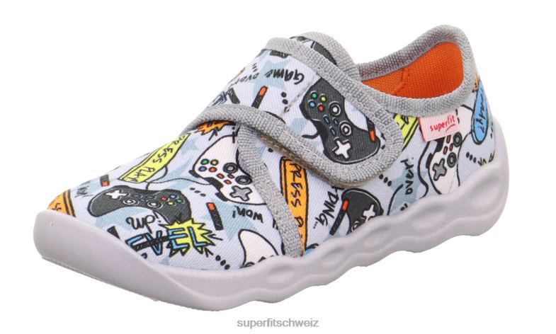 Babys Hausschuhe 44B2D47 Superfit bubble - Slipper mit Klettverschluss grau/mehrfarbig