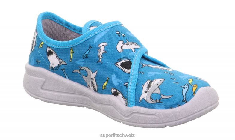 Babys Hausschuhe 44B2D4 Superfit benny - Slipper mit Klettverschluss hellblau/mehrfarbig
