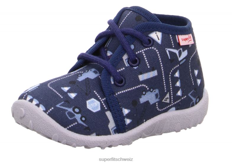 Babys Hausschuhe 44B2D51 Superfit spotty - Slipper mit Schnürung Blau Weiss