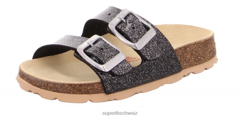 Kleinkinder Hausschuhe 44B2D569 Superfit fussbettpantoffel - Slipper mit Schnalle schwarzes Silber
