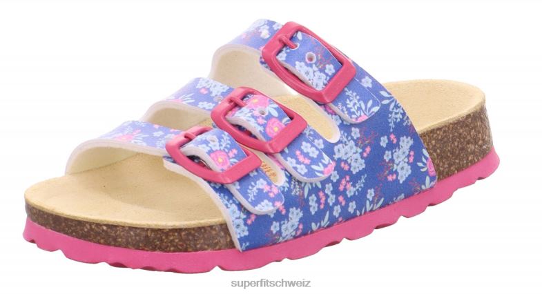 Kleinkinder Hausschuhe 44B2D600 Superfit fussbettpantoffel - Slipper mit Schnalle blau/mehrfarbig